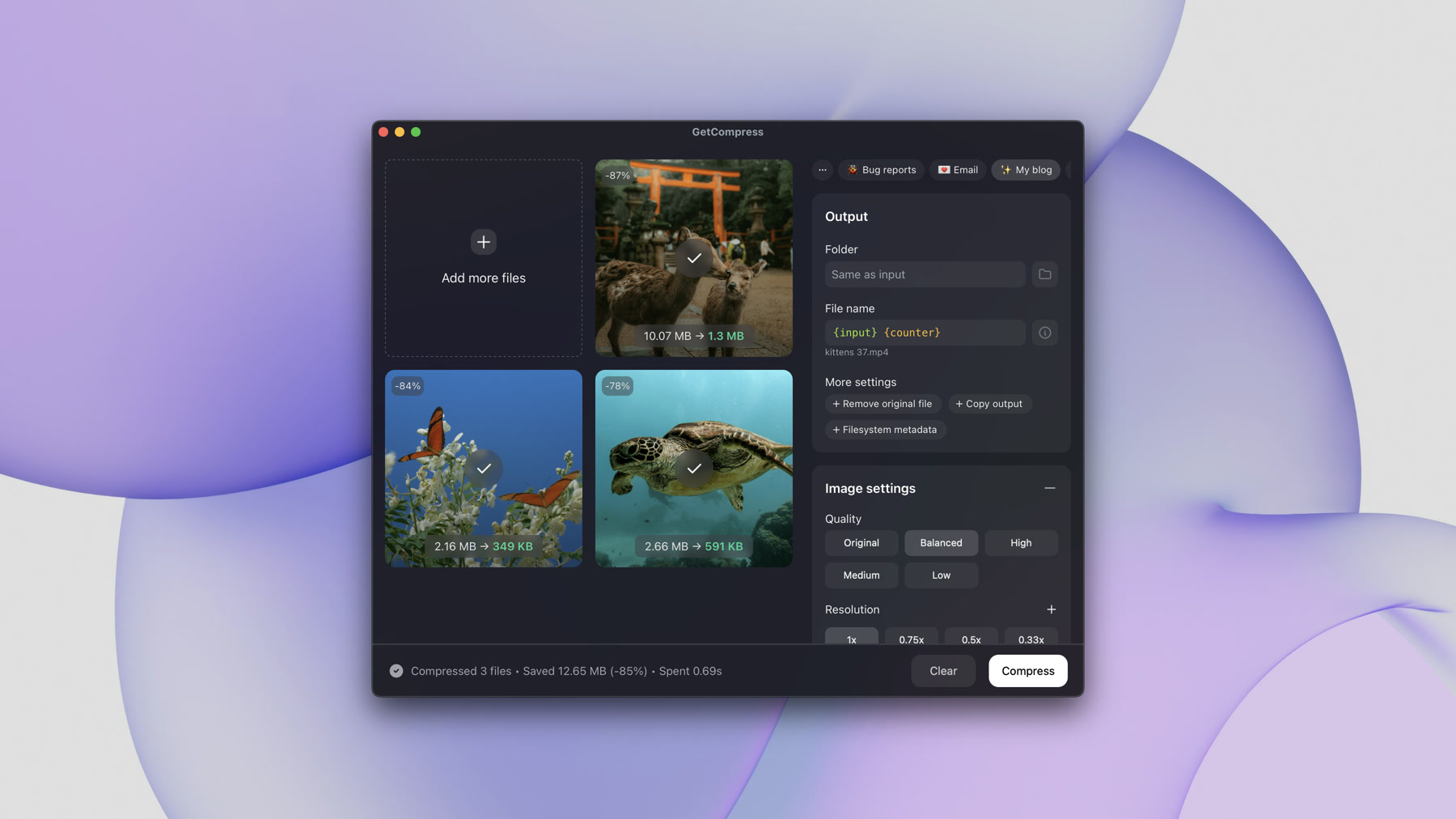GetCompress app preview showing local media compression workflows